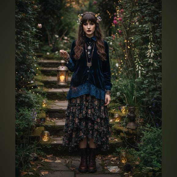 RARE Gypsy Junkies Velvet & Lace Whimsygoth Embroidered Boho Button Up Top S/M - Picture 6 of 10